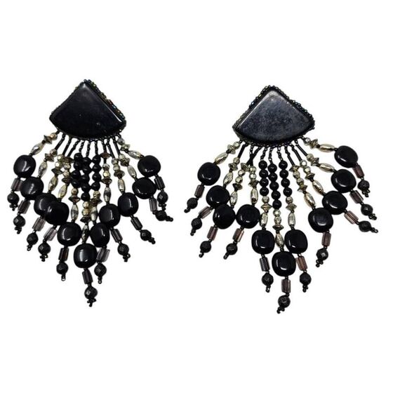 Vintage Black Beaded Fringe Earrings | 4.62" | Statement Dangle Design - Picture 3 of 4